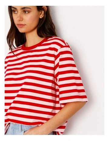 Boxy Oversized Tee in Blush/Red Stripe