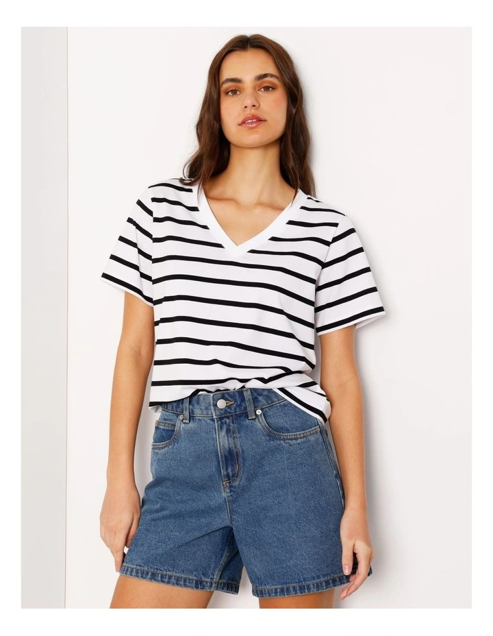 Relaxed V-Neck Tee in Black/White Stripe image 1