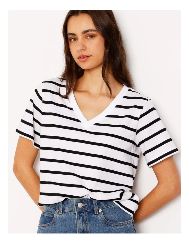 Relaxed V-Neck Tee in Black/White Stripe image 3