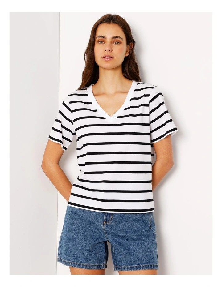 Relaxed V-Neck Tee in Black/White Stripe image 5