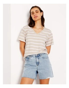 Relaxed V-Neck Tee in Brown/White Stripe