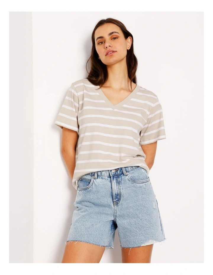 Relaxed V-Neck Tee in Brown/White Stripe image 1