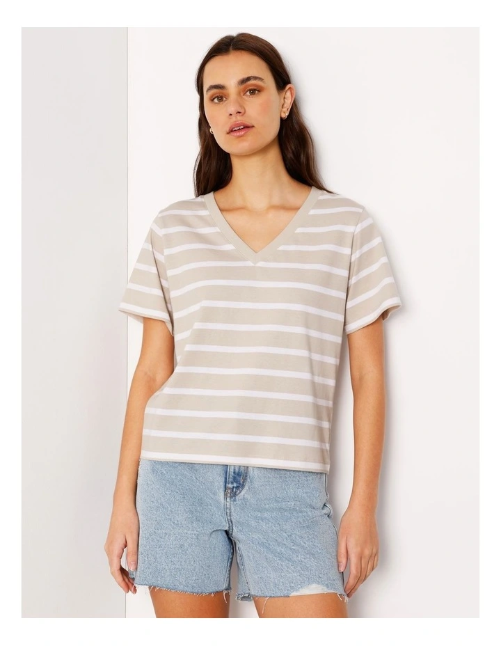 Relaxed V-Neck Tee in Brown/White Stripe image 3