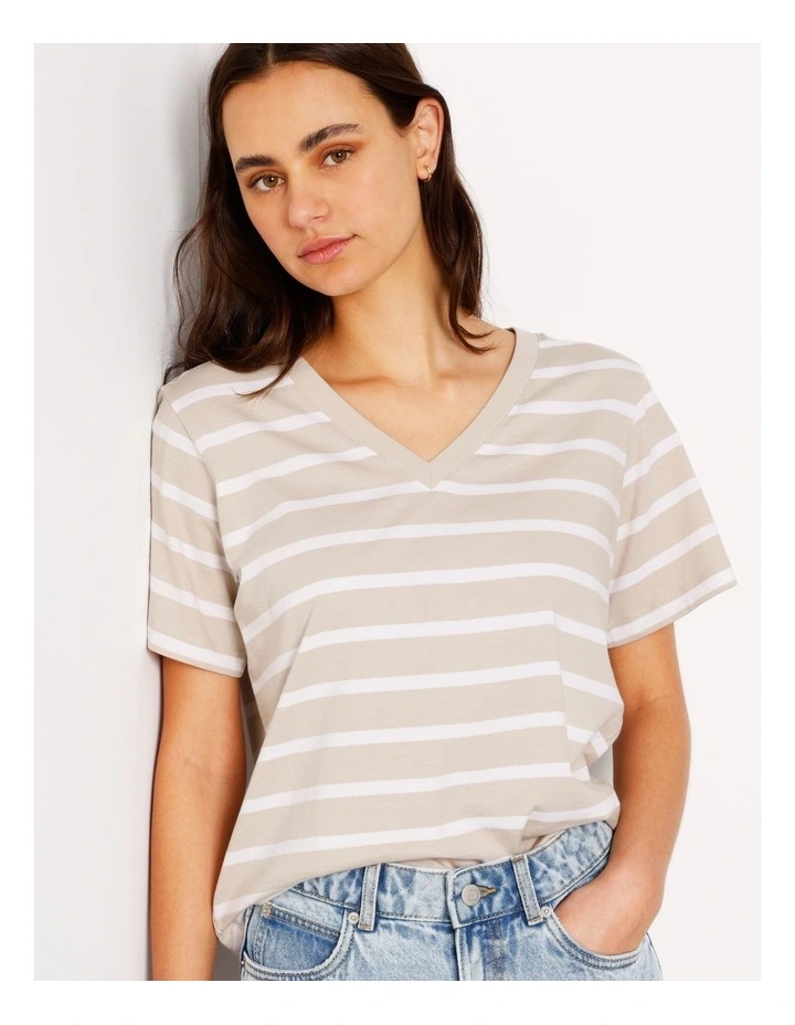 Relaxed V-Neck Tee in Brown/White Stripe image 6