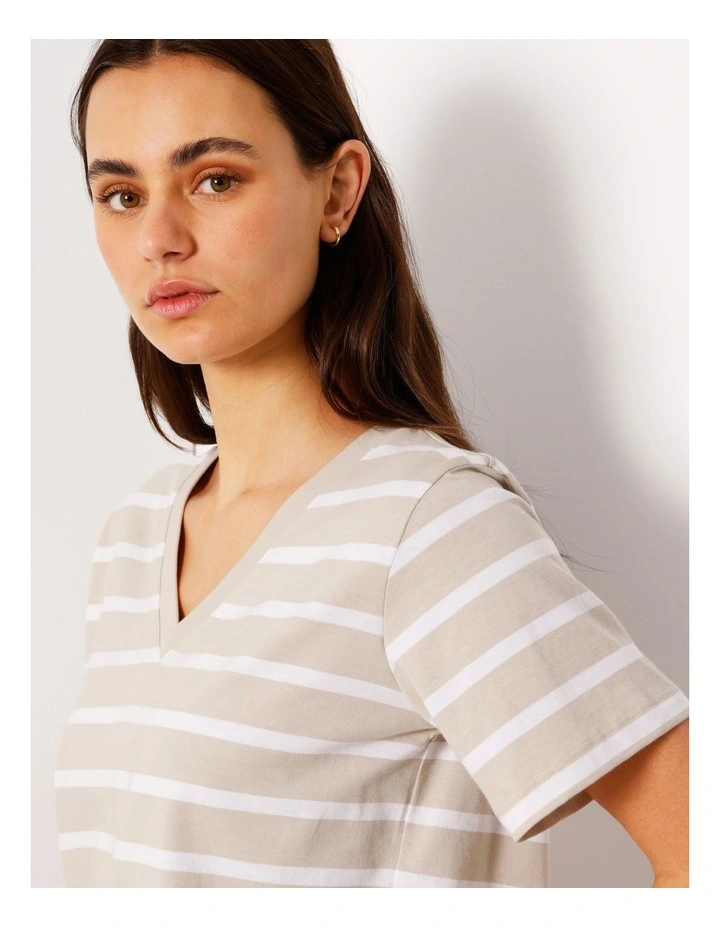 Relaxed V-Neck Tee in Brown/White Stripe image 7