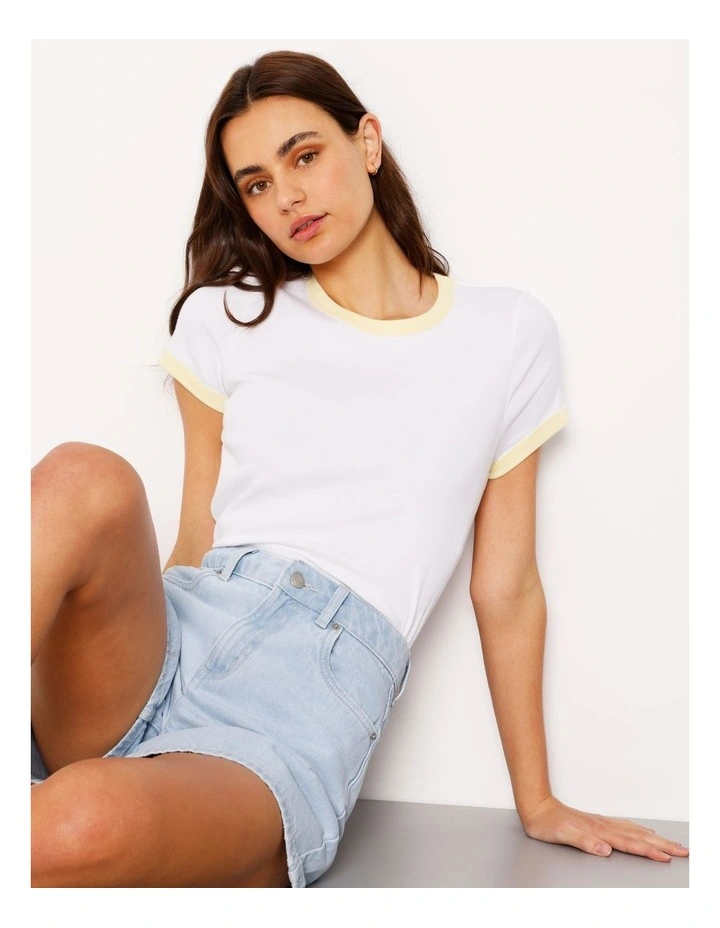 Ringer Tee in White/ Light Yellow image 2