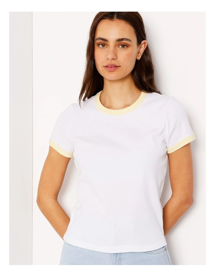 Ringer Tee in White/ Light Yellow image 3