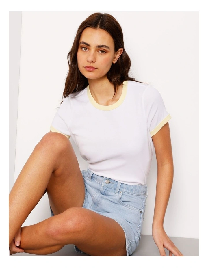 Ringer Tee in White/ Light Yellow image 7
