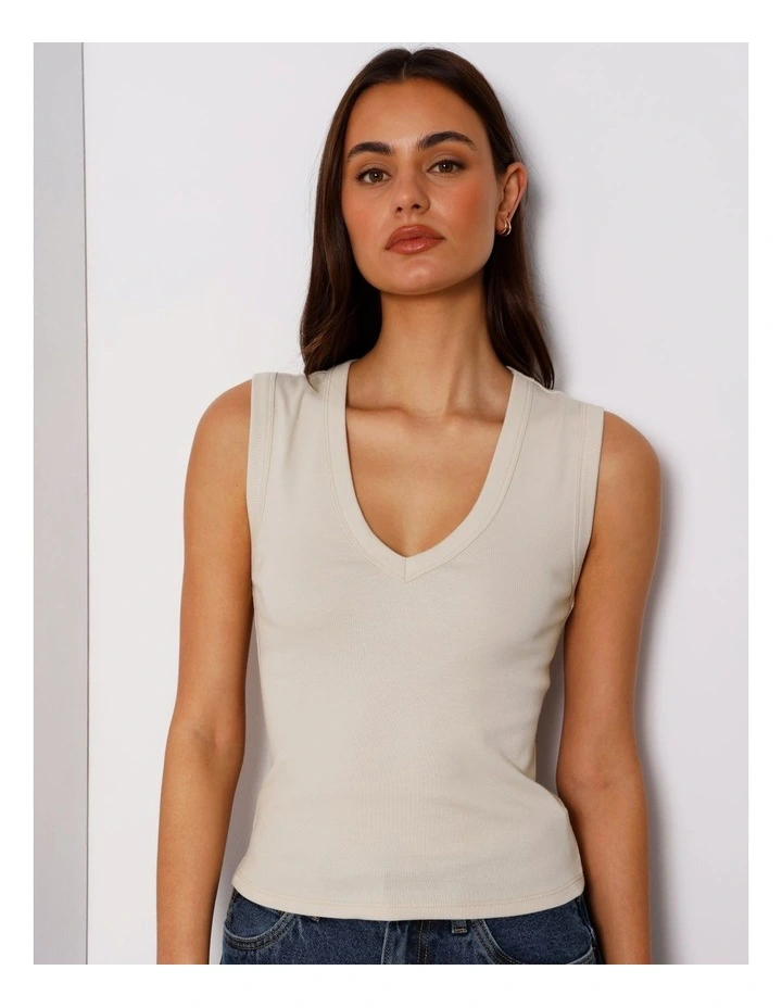 Slim Fit V-Neck Tank in Beige image 3