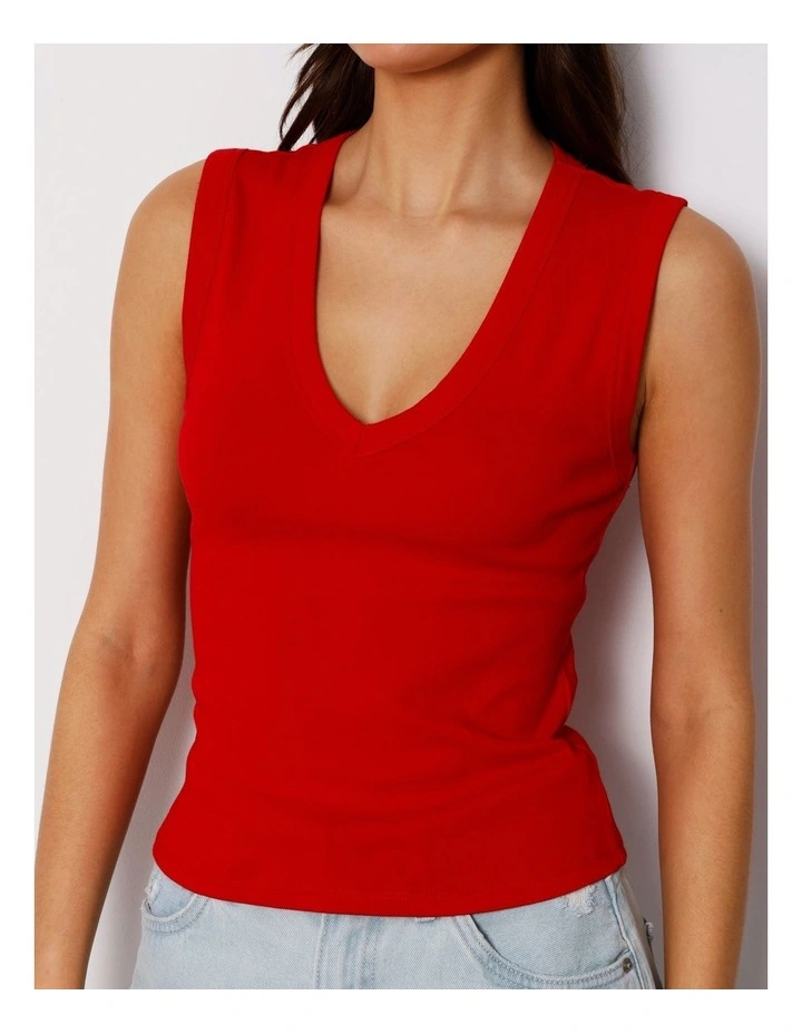 Slim Fit V-Neck Tank in Red image 2