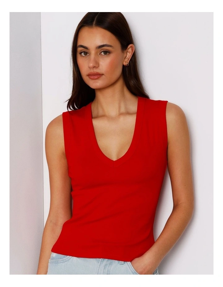 Slim Fit V-Neck Tank in Red image 4