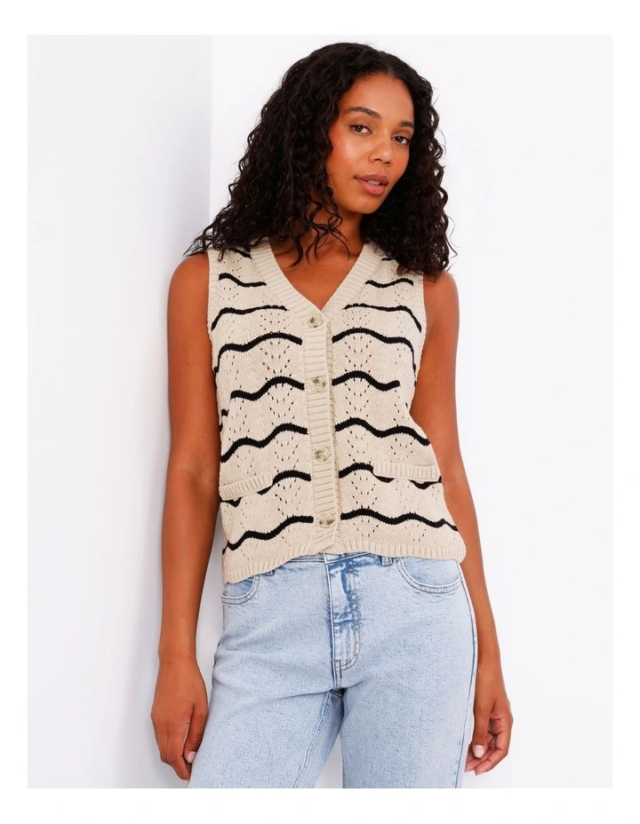 Grab Denim Button Through Knit Vest in Beige/Black Stripe | MYER