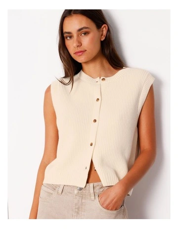 Crew Neck Button Through Vest in Cream