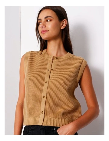 Crew Neck Button Through Vest in Beige