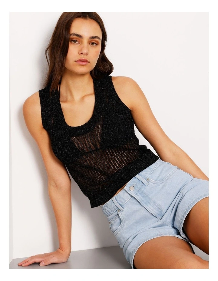 Fully Fashioned Metallic Knit Top In Black image 3
