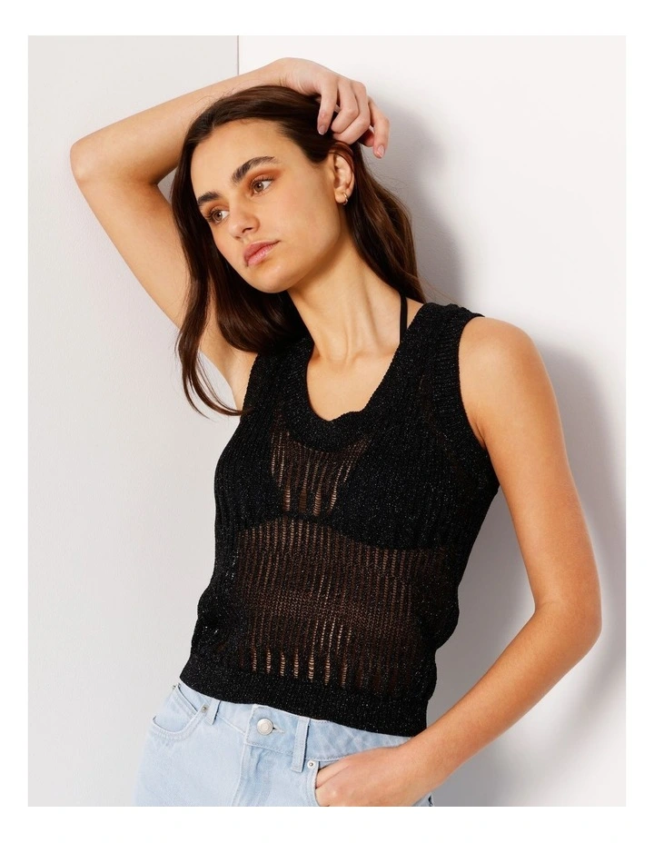 Fully Fashioned Metallic Knit Top In Black image 5