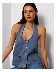 Denim Button Through Halter Neck Top In Pacific Blue
