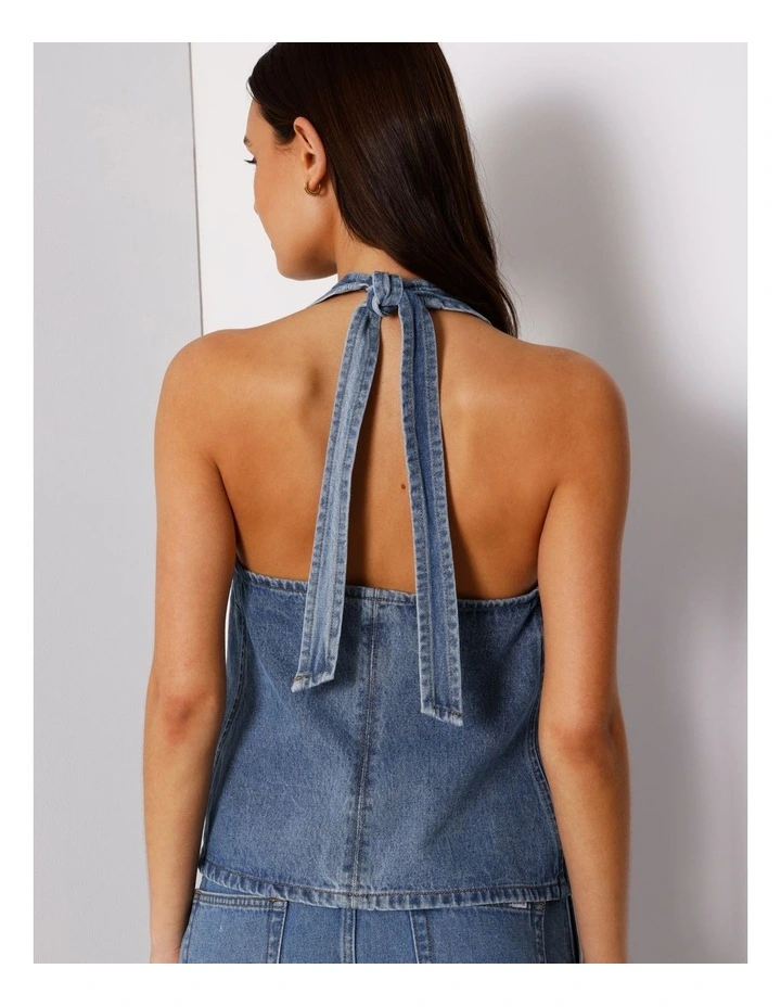 Denim Button Through Halter Neck Top In Pacific Blue image 2
