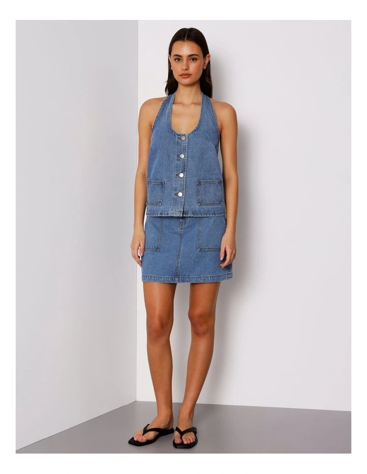 Denim Button Through Halter Neck Top In Pacific Blue image 3