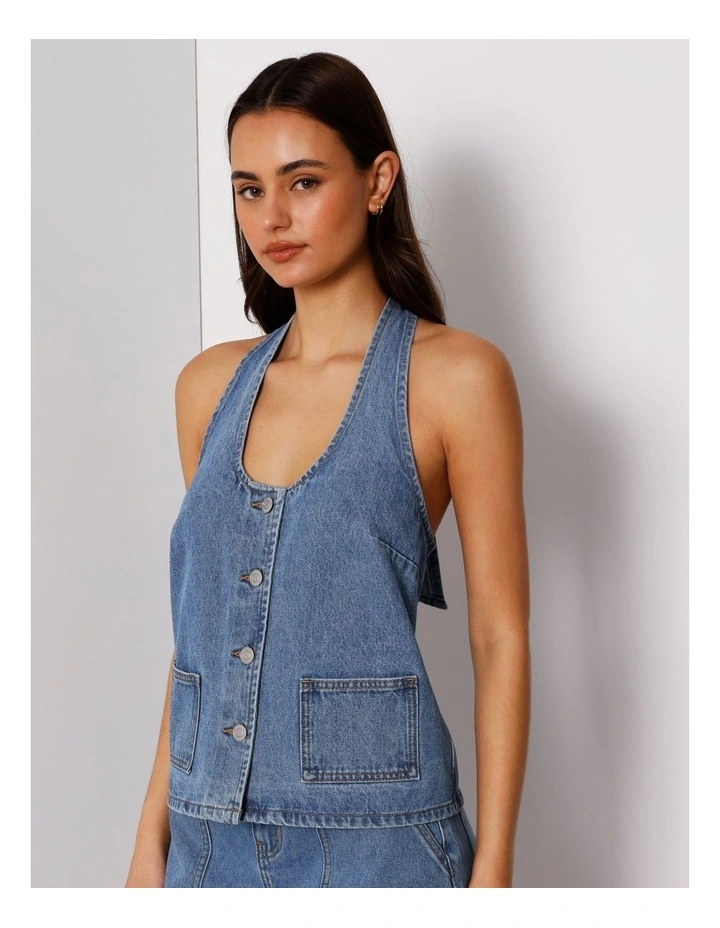 Denim Button Through Halter Neck Top In Pacific Blue image 4