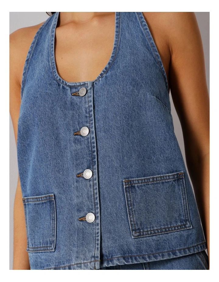 Denim Button Through Halter Neck Top In Pacific Blue image 5