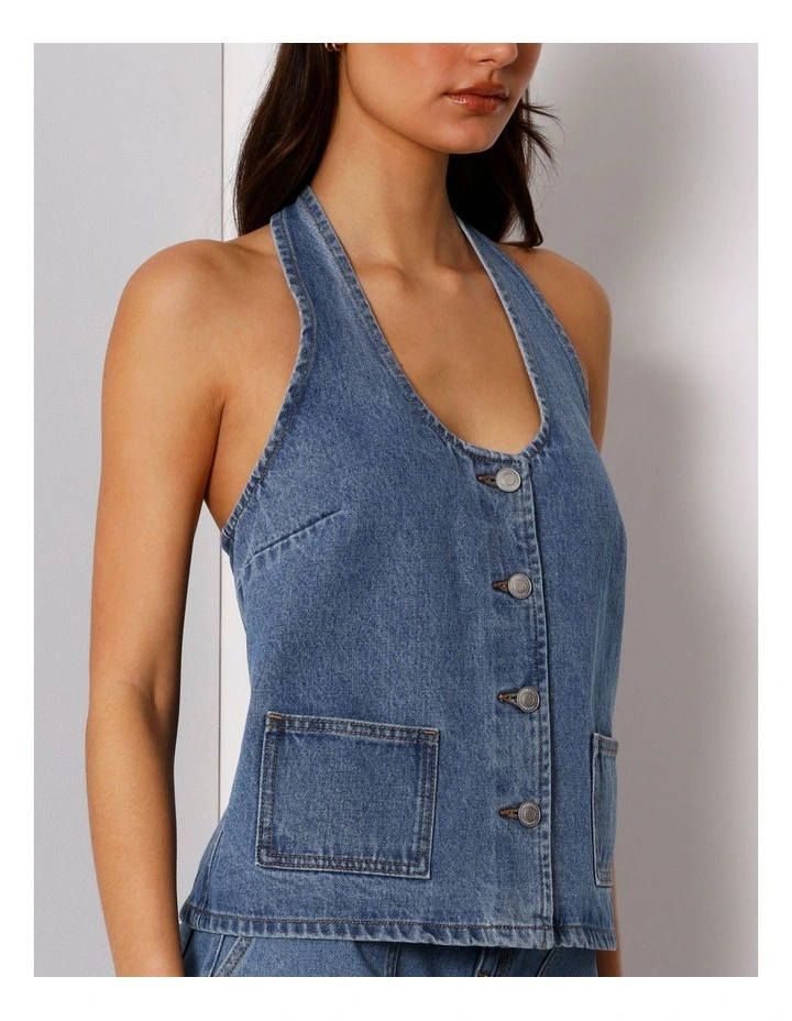 Denim Button Through Halter Neck Top In Pacific Blue image 6