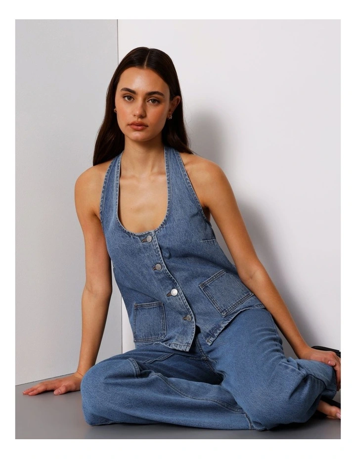 Denim Button Through Halter Neck Top In Pacific Blue image 7
