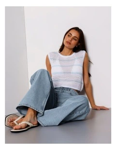 Boxy Open Knit Top In Bright White/Light Blue