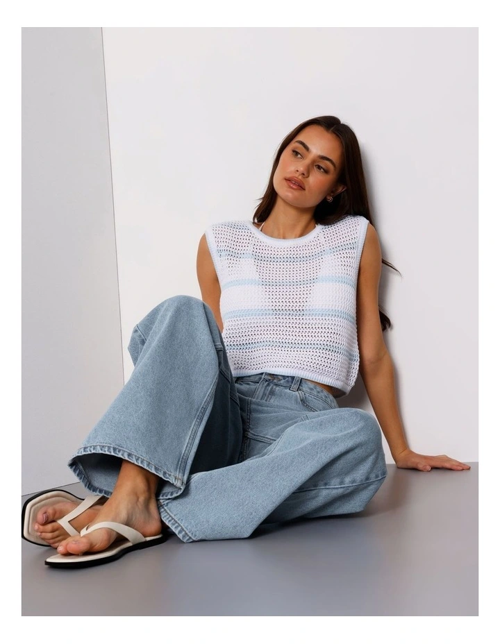 Boxy Open Knit Top In Bright White/Light Blue image 1