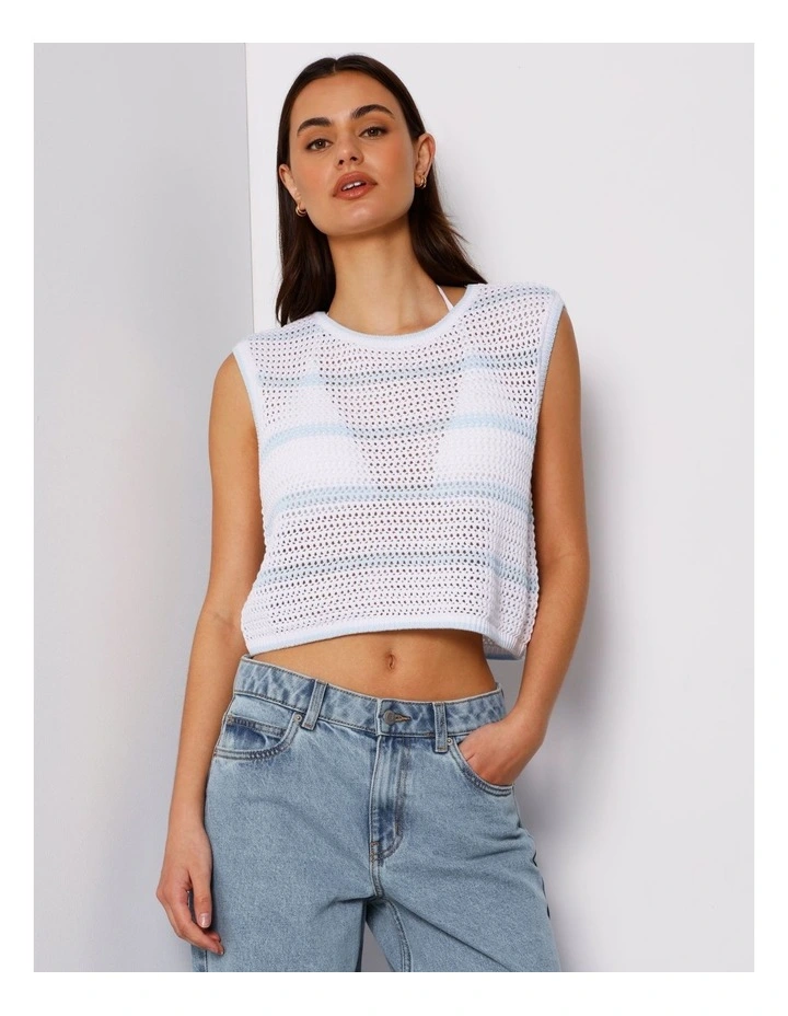 Boxy Open Knit Top In Bright White/Light Blue image 2