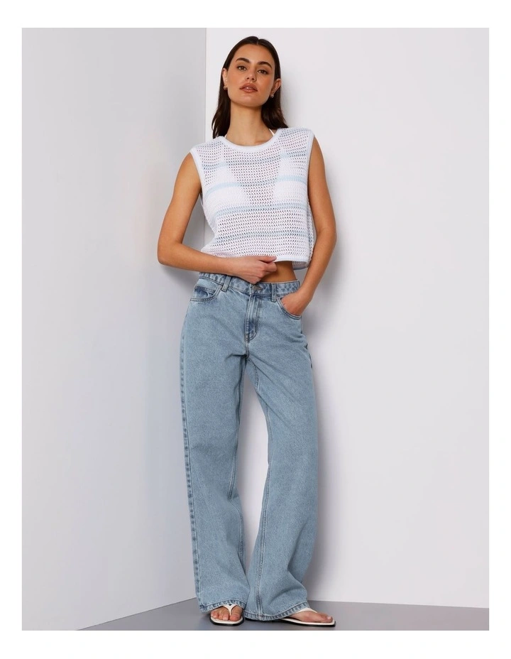 Boxy Open Knit Top In Bright White/Light Blue image 3