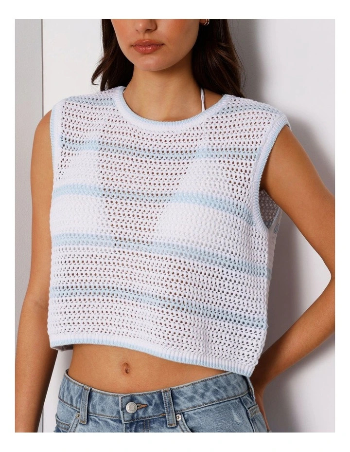 Boxy Open Knit Top In Bright White/Light Blue image 4