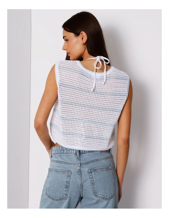 Boxy Open Knit Top In Bright White/Light Blue image 5