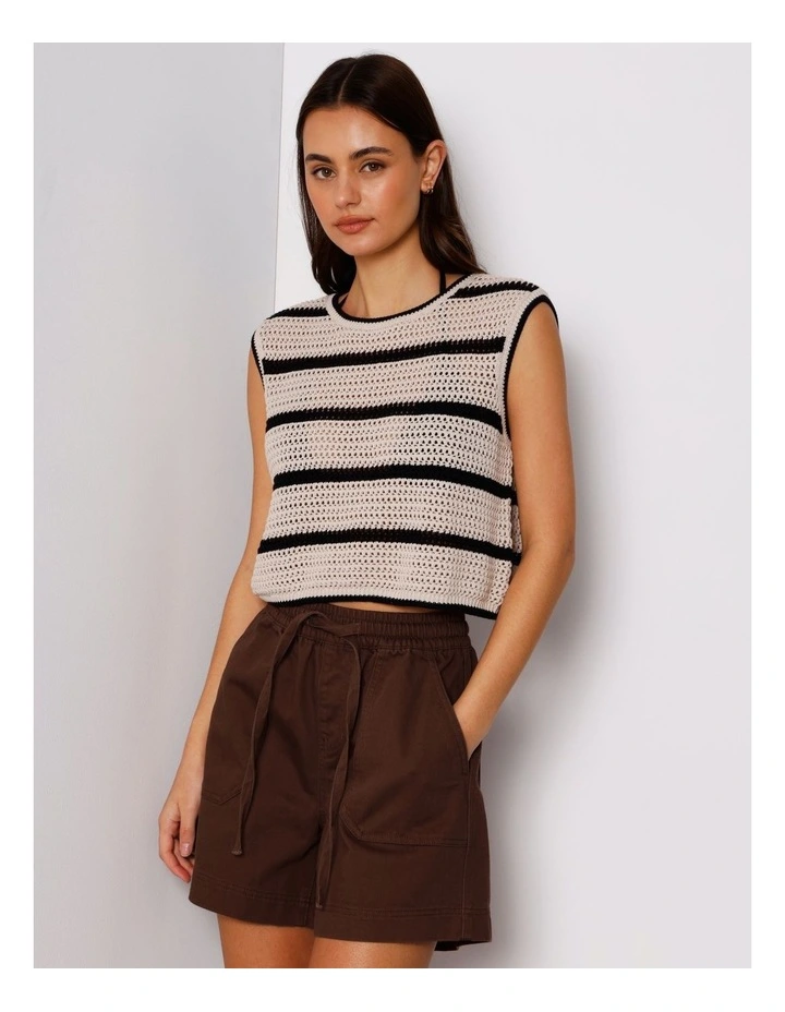 Boxy Open Knit Top In Beige/Black image 3