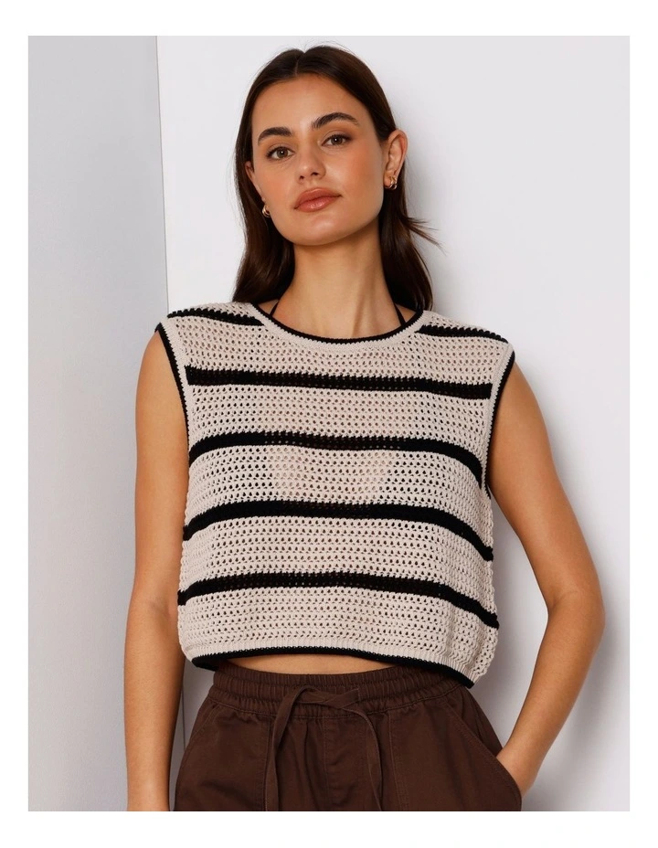 Boxy Open Knit Top In Beige/Black image 4