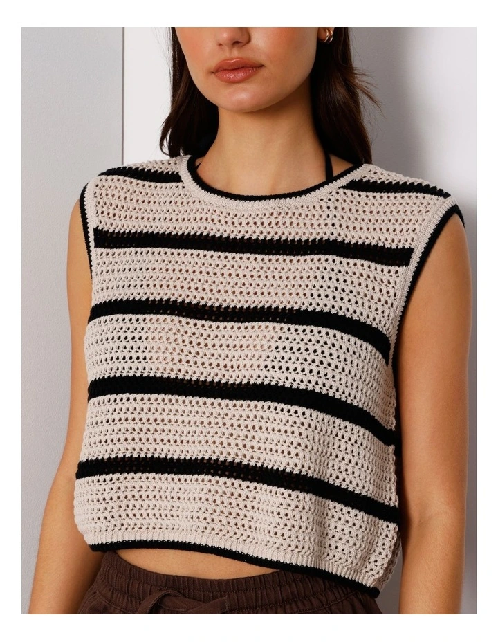 Boxy Open Knit Top In Beige/Black image 5