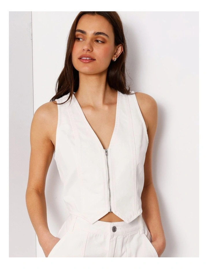Denim Zip Through Vest In Ecru image 1