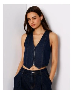 Denim Zip Through Vest In Indigo