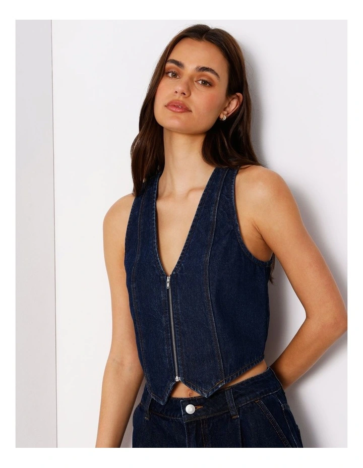 Denim Zip Through Vest In Indigo image 3