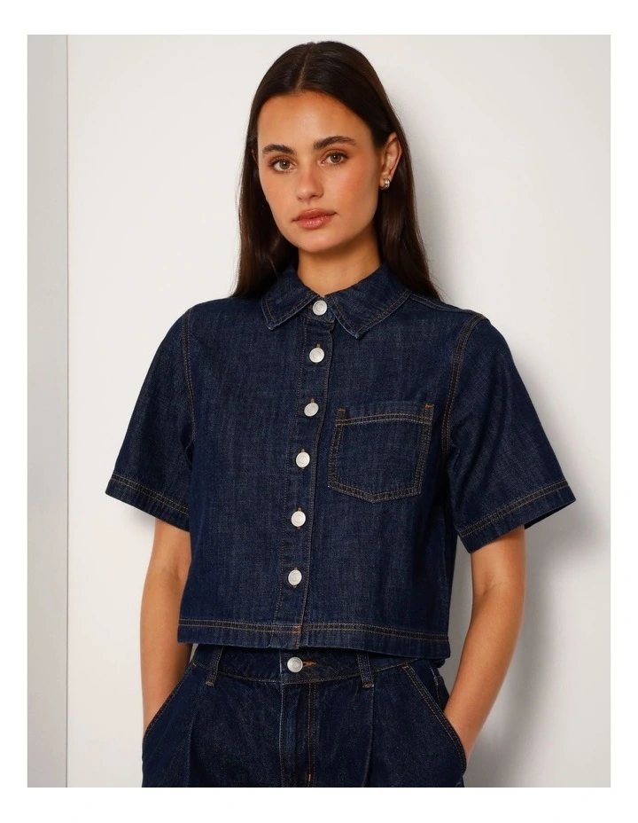 Short Sleeve Boxy Lightweight Denim Shirt In Indigo image 1