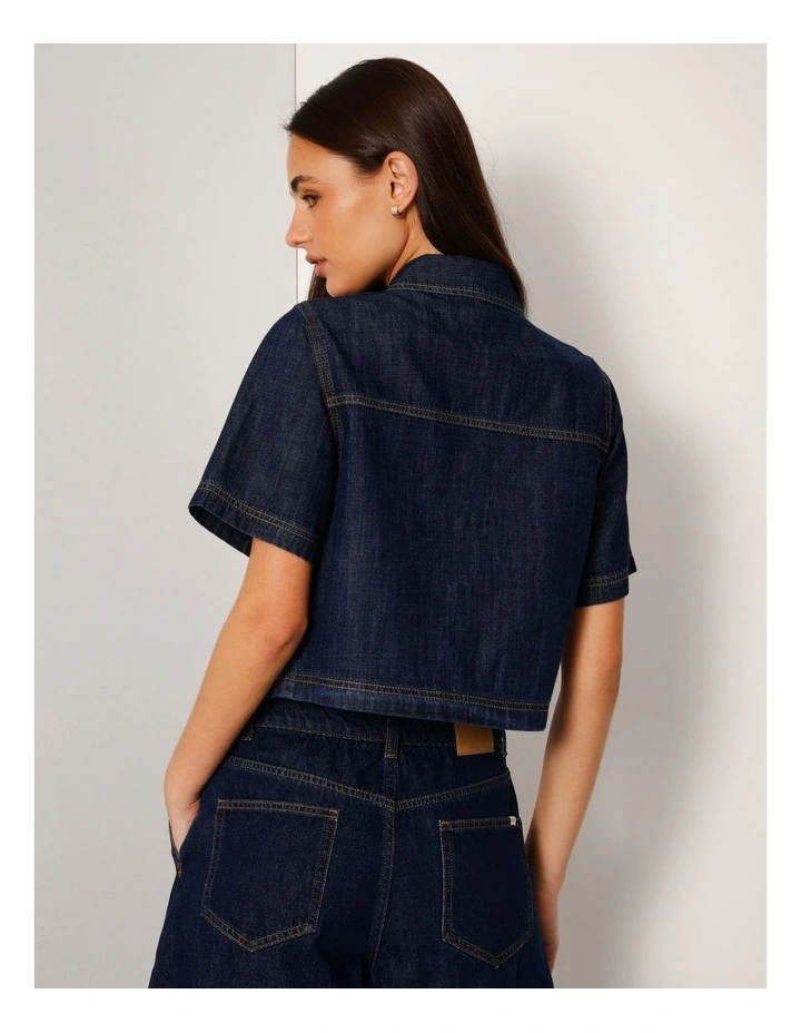 Short Sleeve Boxy Lightweight Denim Shirt In Indigo image 6