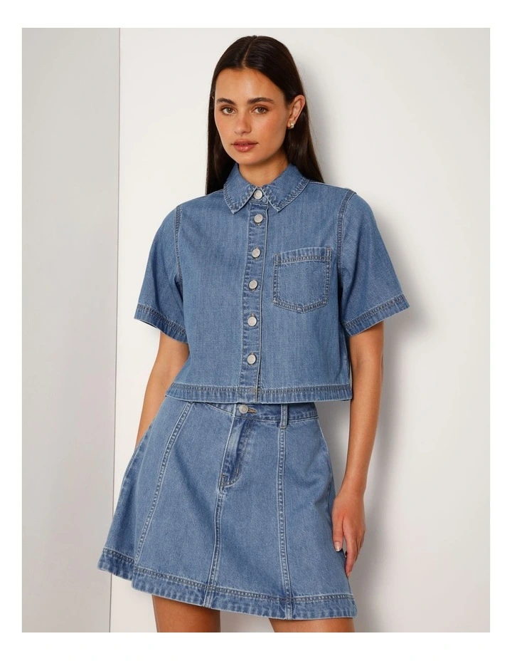 Short Sleeve Boxy Lightweight Denim Shirt In Bright Blue image 1