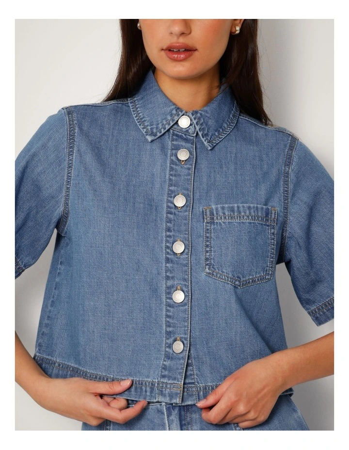 Short Sleeve Boxy Lightweight Denim Shirt In Bright Blue image 3