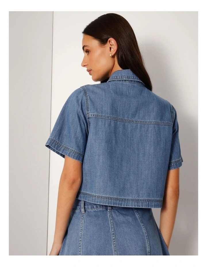 Short Sleeve Boxy Lightweight Denim Shirt In Bright Blue image 5
