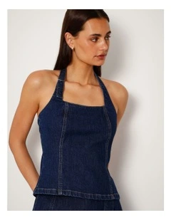 Halter Neck Denim Top With D-ring In True Blue