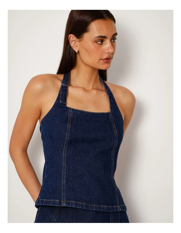 Halter Neck Denim Top With D-ring In True Blue image 1