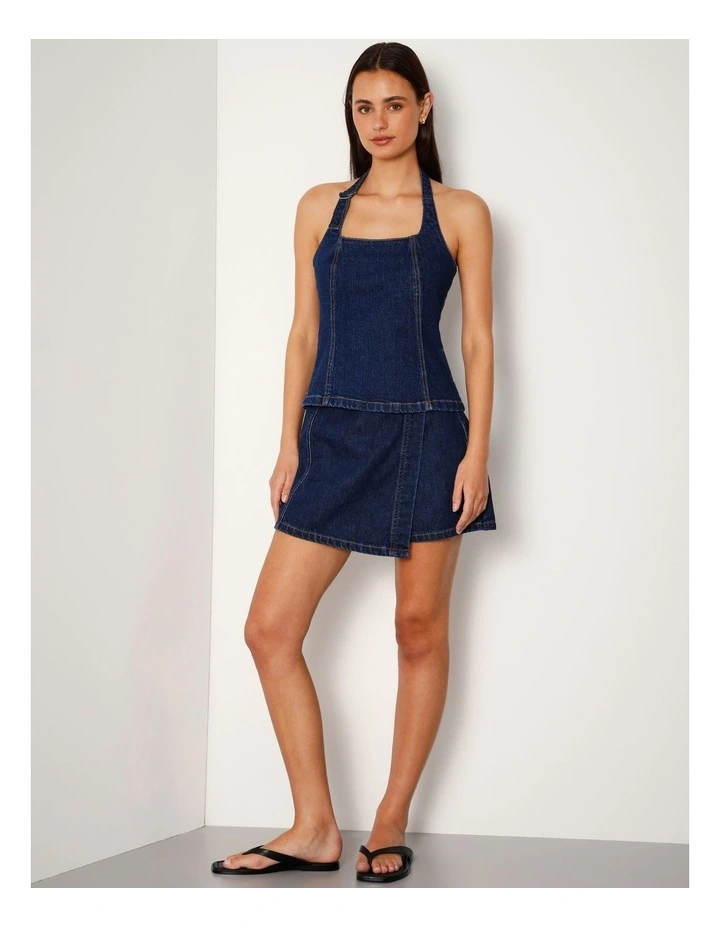 Halter Neck Denim Top With D-ring In True Blue image 2