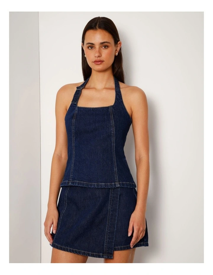 Halter Neck Denim Top With D-ring In True Blue image 3