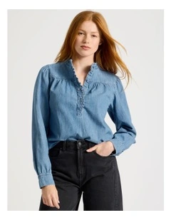 Ruffle Detail Denim Blouse In Light Wash