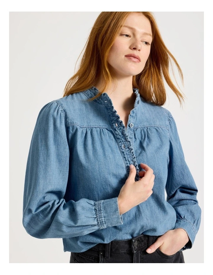 Ruffle Detail Denim Blouse In Light Wash image 2